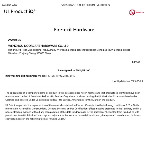 UL 3 hours fire rated certificate